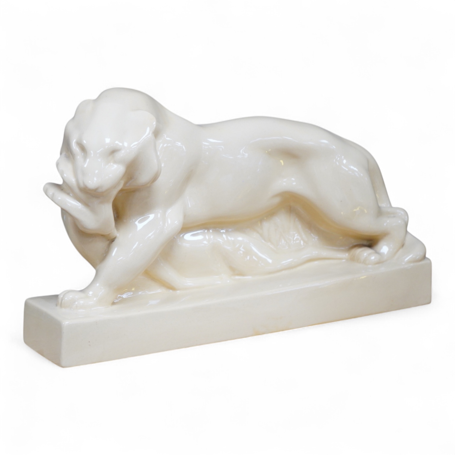 John Skeaping for Wedgwood, Art Deco sculpture of a Tiger with buck, straw glazed, 33cm wide